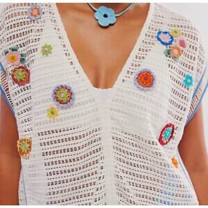 Free People “Seaside Walk” Open-Knit Crochet Top – White – Size S